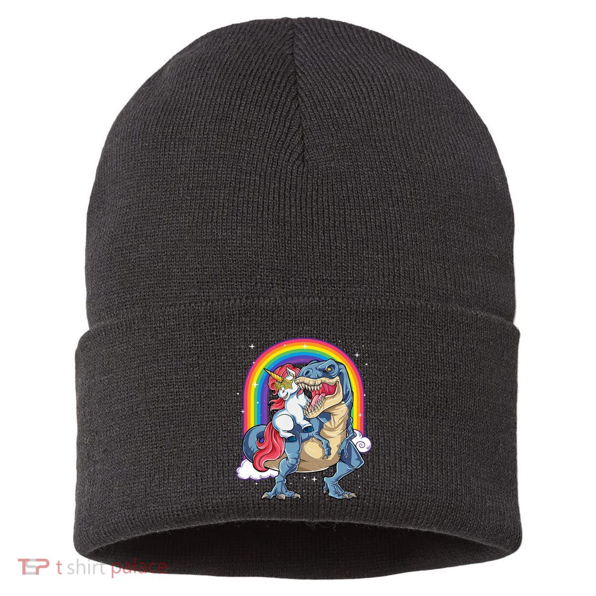 Unicorn Riding T Rex Dinosaur Rainbow Sustainable Knit Beanie