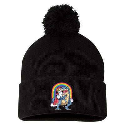 Unicorn Riding T Rex Dinosaur Rainbow Pom Pom 12in Knit Beanie
