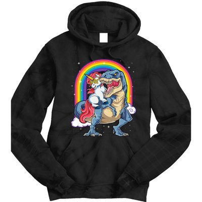 Unicorn Riding T Rex Dinosaur Rainbow Tie Dye Hoodie