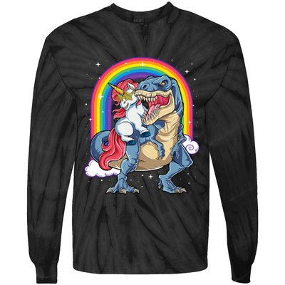 Unicorn Riding T Rex Dinosaur Rainbow Tie-Dye Long Sleeve Shirt