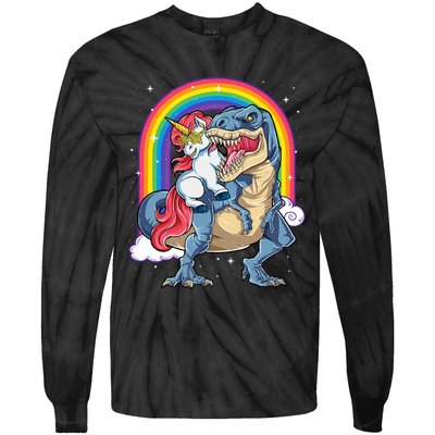 Unicorn Riding T Rex Dinosaur Rainbow Tie-Dye Long Sleeve Shirt