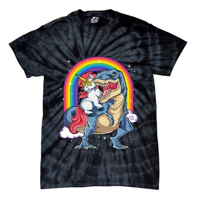 Unicorn Riding T Rex Dinosaur Rainbow Tie-Dye T-Shirt