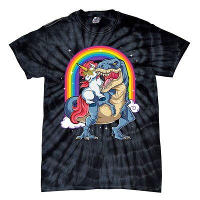 Unicorn Riding T Rex Dinosaur Rainbow Tie-Dye T-Shirt