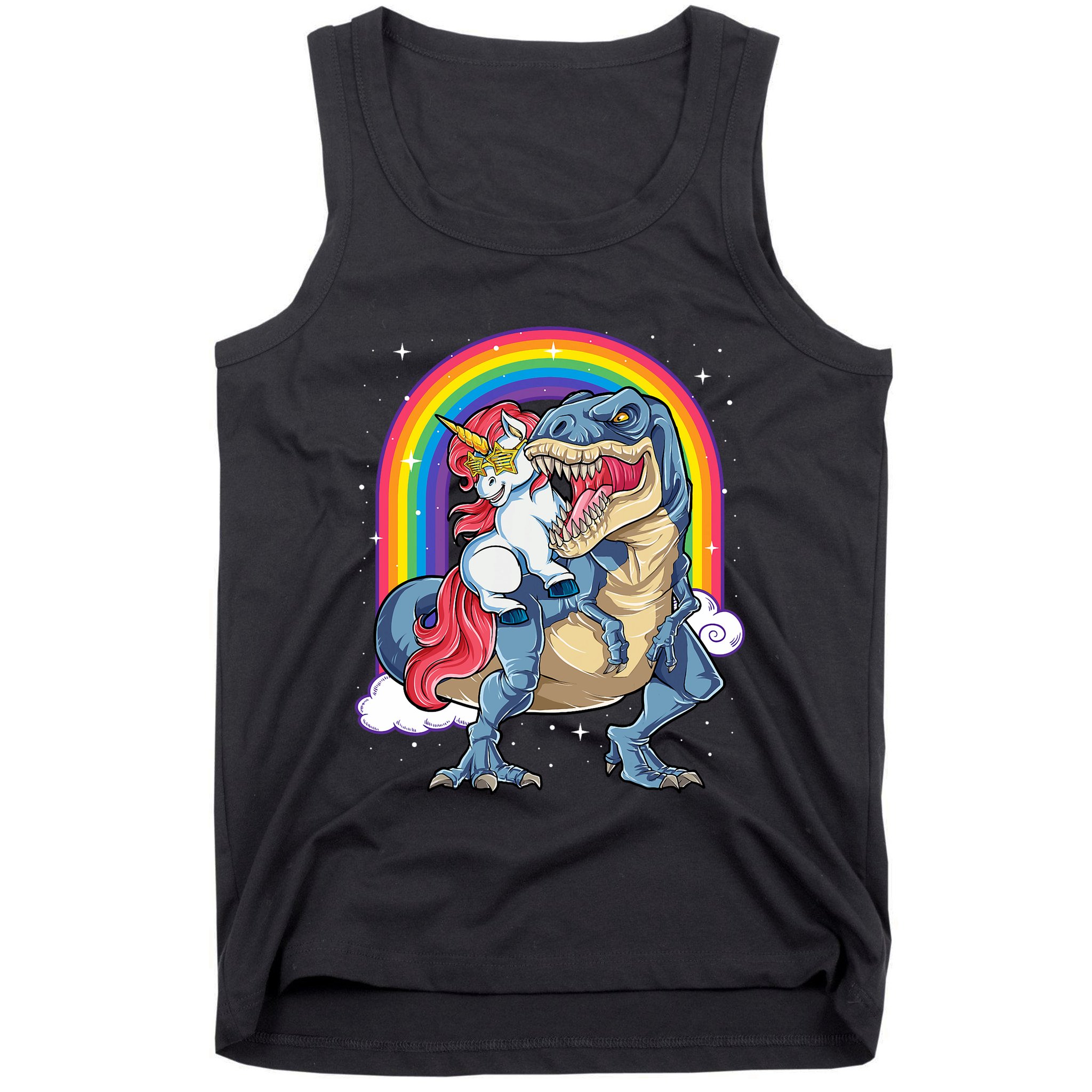 Unicorn Riding T Rex Dinosaur Rainbow Tank Top