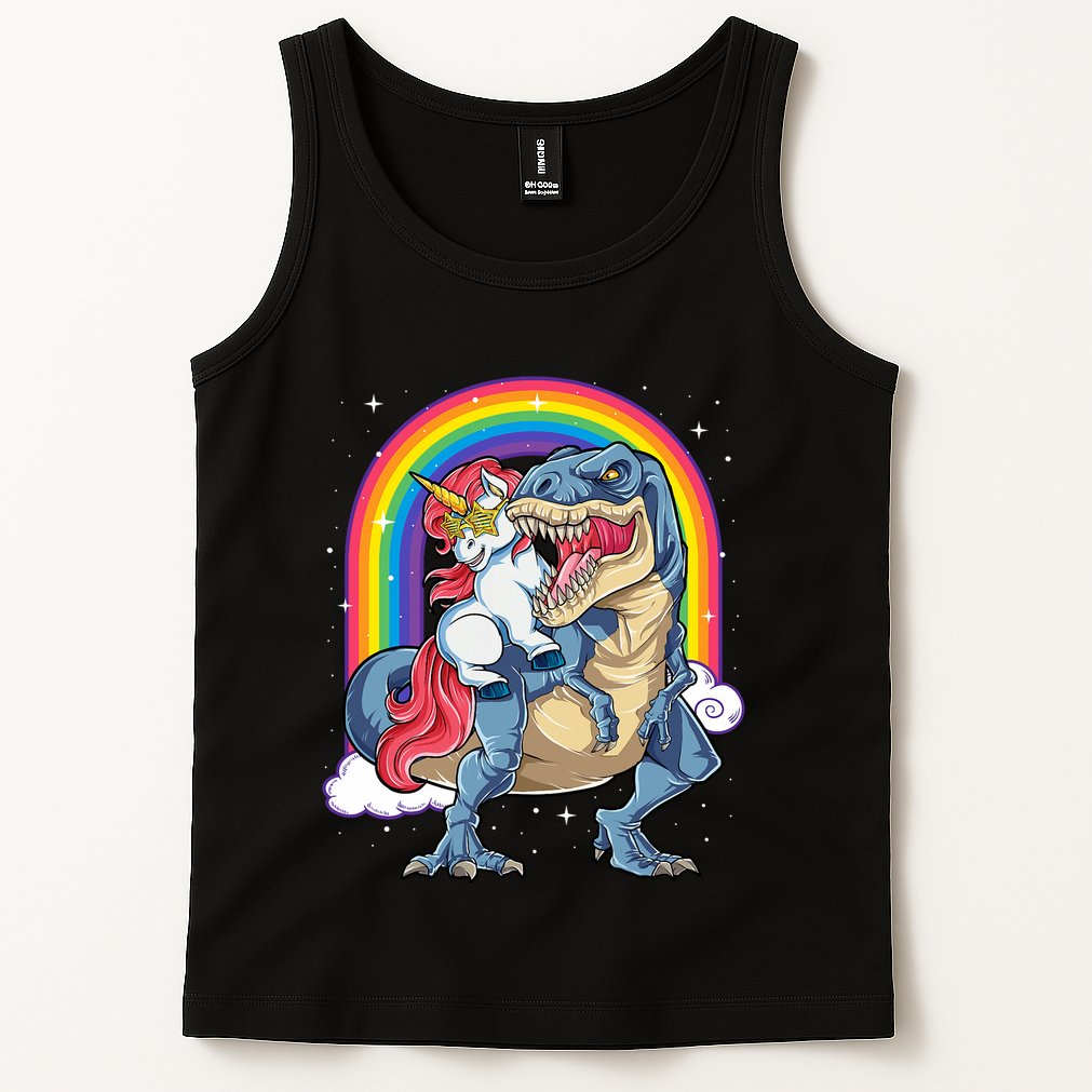 Unicorn Riding T Rex Dinosaur Rainbow Tank Top