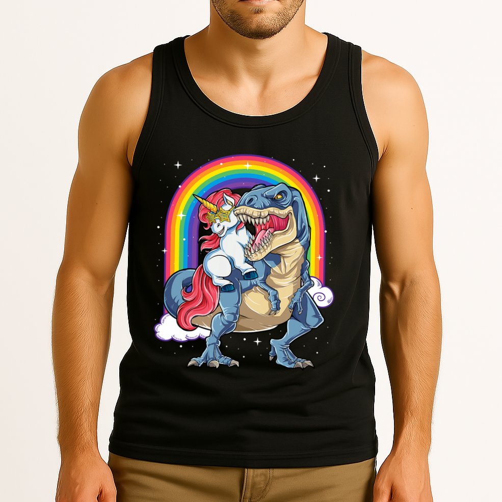 Unicorn Riding T Rex Dinosaur Rainbow Tank Top
