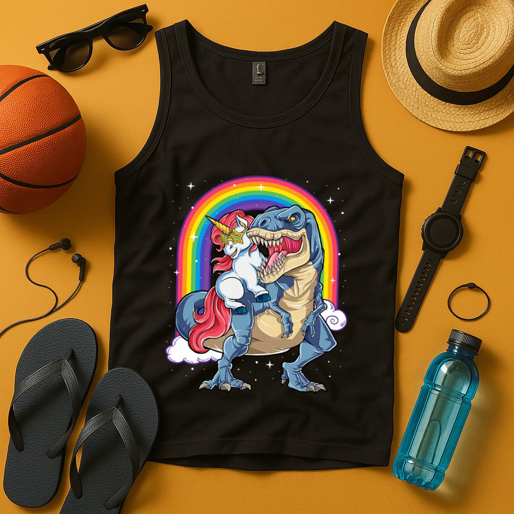 Unicorn Riding T Rex Dinosaur Rainbow Tank Top