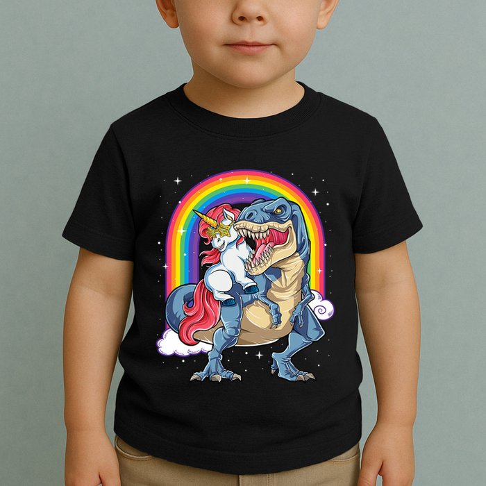 Unicorn Riding T Rex Dinosaur Rainbow Toddler T-Shirt