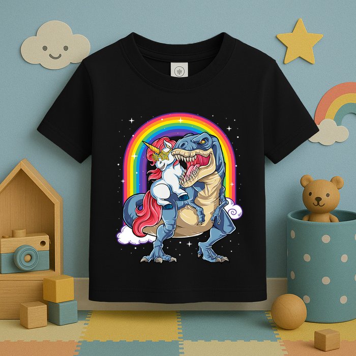 Unicorn Riding T Rex Dinosaur Rainbow Toddler T-Shirt