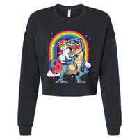 Unicorn Riding T Rex Dinosaur Rainbow Cropped Pullover Crew