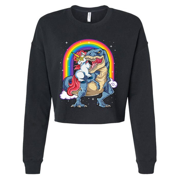 Unicorn Riding T Rex Dinosaur Rainbow Cropped Pullover Crew