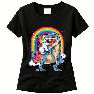 Unicorn Riding T Rex Dinosaur Rainbow Womens T-Shirt