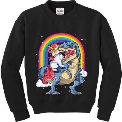 Unicorn Riding T Rex Dinosaur Rainbow Kids Sweatshirt