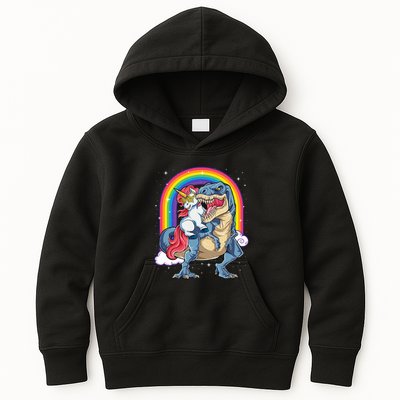 Unicorn Riding T Rex Dinosaur Rainbow Kids Hoodie