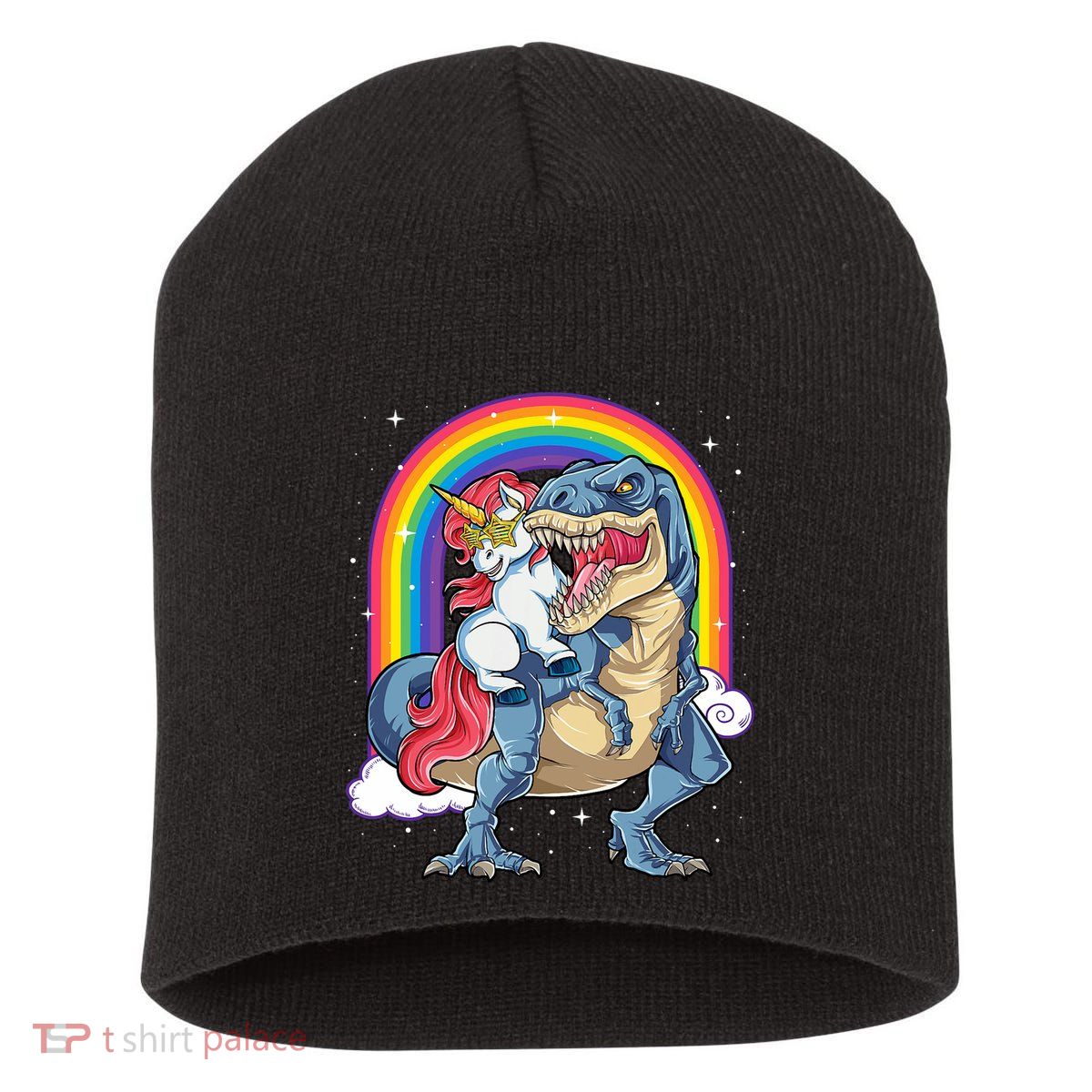 Unicorn Riding T Rex Dinosaur Rainbow Short Acrylic Beanie