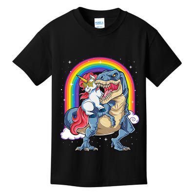 Unicorn Riding T Rex Dinosaur Rainbow Kids T-Shirt