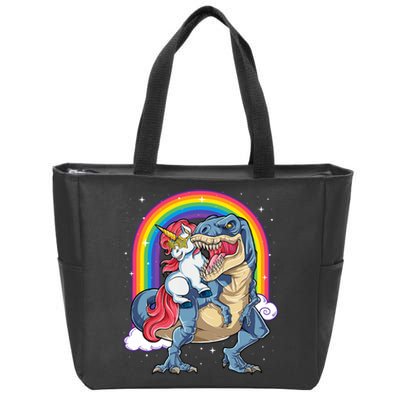 Unicorn Riding T Rex Dinosaur Rainbow Zip Tote Bag