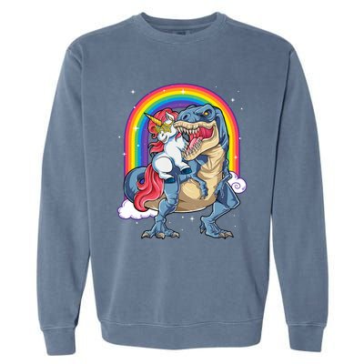 Unicorn Riding T Rex Dinosaur Rainbow Garment-Dyed Sweatshirt