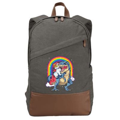 Unicorn Riding T Rex Dinosaur Rainbow Cotton Canvas Backpack