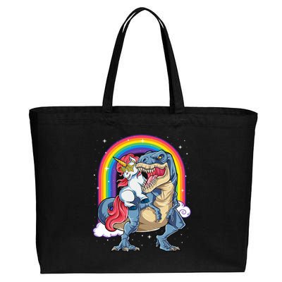 Unicorn Riding T Rex Dinosaur Rainbow Cotton Canvas Jumbo Tote