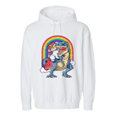 Unicorn Riding T Rex Dinosaur Rainbow Garment-Dyed Fleece Hoodie