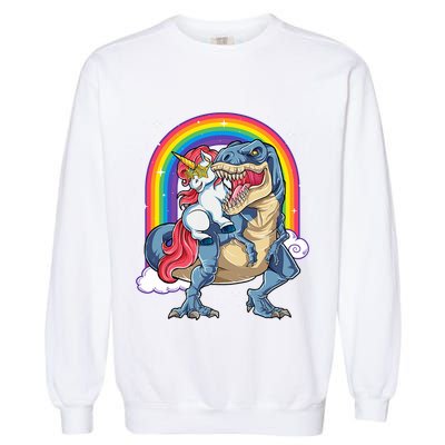 Unicorn Riding T Rex Dinosaur Rainbow Garment-Dyed Sweatshirt