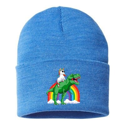 Unicorn Riding T Rex Dinosaur Rainbow Gift Sustainable Knit Beanie