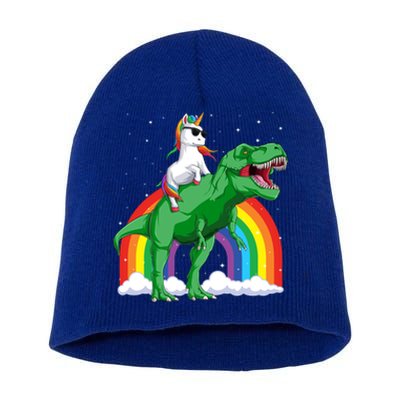 Unicorn Riding T Rex Dinosaur Rainbow Gift Short Acrylic Beanie