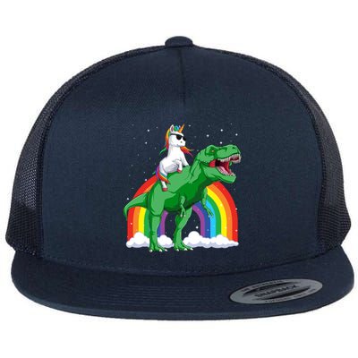 Unicorn Riding T Rex Dinosaur Rainbow Gift Flat Bill Trucker Hat