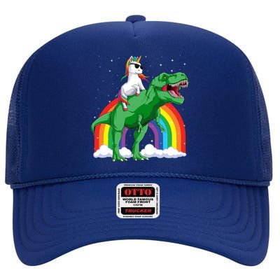 Unicorn Riding T Rex Dinosaur Rainbow Gift High Crown Mesh Back Trucker Hat