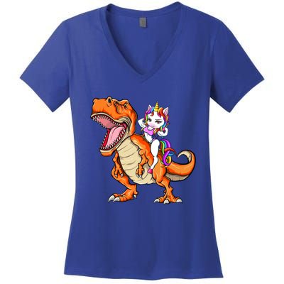 Unicorn Riding T Rex Dinosaur Mgical Unicorn Gift Women's V-Neck T-Shirt