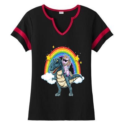 Unicorn Riding T Rex Dinosaur Gift Ladies Halftime Notch Neck Tee