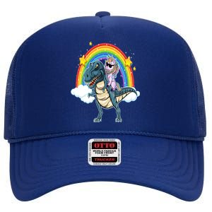 Unicorn Riding T Rex Dinosaur Gift High Crown Mesh Back Trucker Hat