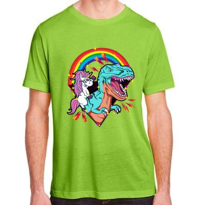 Unicorn Riding T Rex Rainbow Synthwave Dinosaur Gift Adult ChromaSoft Performance T-Shirt