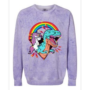 Unicorn Riding T Rex Rainbow Synthwave Dinosaur Gift Colorblast Crewneck Sweatshirt