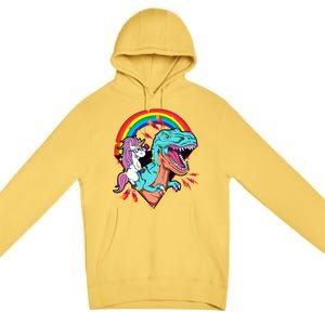 Unicorn Riding T Rex Rainbow Synthwave Dinosaur Gift Premium Pullover Hoodie