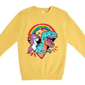 Unicorn Riding T Rex Rainbow Synthwave Dinosaur Gift Premium Crewneck Sweatshirt