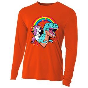 Unicorn Riding T Rex Rainbow Synthwave Dinosaur Gift Cooling Performance Long Sleeve Crew