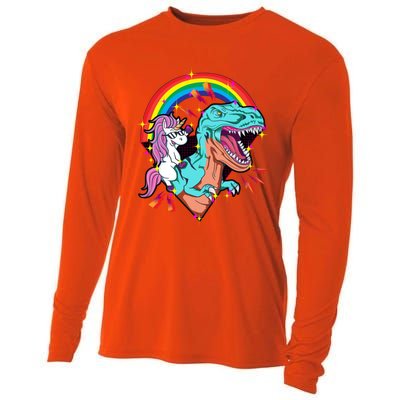 Unicorn Riding T Rex Rainbow Synthwave Dinosaur Gift Cooling Performance Long Sleeve Crew