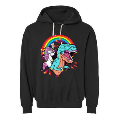 Unicorn Riding T Rex Rainbow Synthwave Dinosaur Gift Garment-Dyed Fleece Hoodie