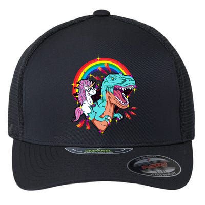 Unicorn Riding T Rex Rainbow Synthwave Dinosaur Gift Flexfit Unipanel Trucker Cap