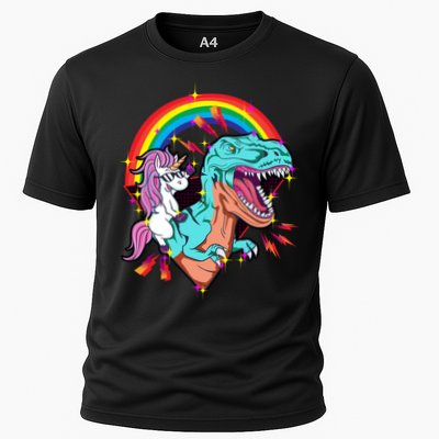 Unicorn Riding T Rex Rainbow Synthwave Dinosaur Gift Performance Shirt