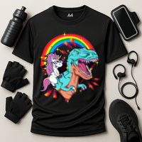 Unicorn Riding T Rex Rainbow Synthwave Dinosaur Gift Performance Shirt