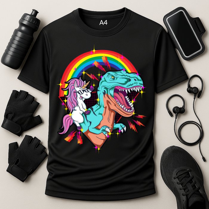 Unicorn Riding T Rex Rainbow Synthwave Dinosaur Gift Performance Shirt