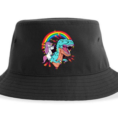 Unicorn Riding T Rex Rainbow Synthwave Dinosaur Gift Sustainable Bucket Hat