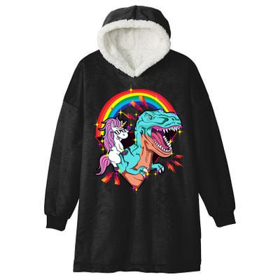 Unicorn Riding T Rex Rainbow Synthwave Dinosaur Gift Hooded Wearable Blanket
