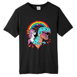 Unicorn Riding T Rex Rainbow Synthwave Dinosaur Gift Tall Fusion ChromaSoft Performance T-Shirt