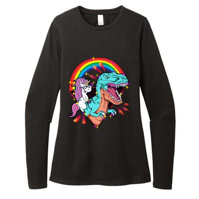 Unicorn Riding T Rex Rainbow Synthwave Dinosaur Gift Womens CVC Long Sleeve Shirt