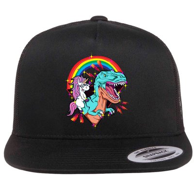 Unicorn Riding T Rex Rainbow Synthwave Dinosaur Gift Flatbill Hat