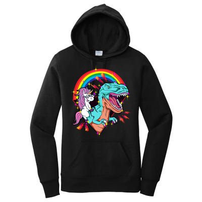 Unicorn Riding T Rex Rainbow Synthwave Dinosaur Gift Women's Pullover Hoodie